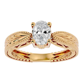 1 Carat Oval Shape Moissanite Solitaire Engagement Ring with Tapered Etched Band In 14 Karat Yellow Gold