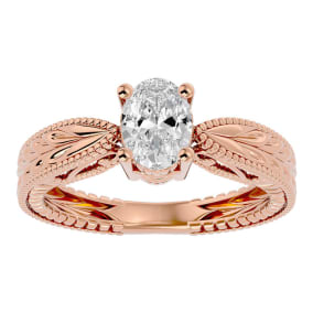 1 Carat Oval Shape Diamond Solitaire Engagement Ring with Tapered Etched Band In 14 Karat Rose Gold