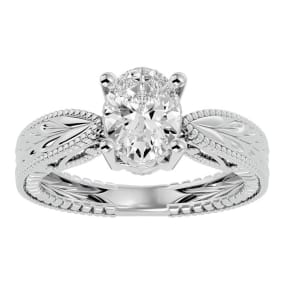 1 1/2 Carat Oval Shape Moissanite Solitaire Engagement Ring with Tapered Etched Band In 14 Karat White Gold