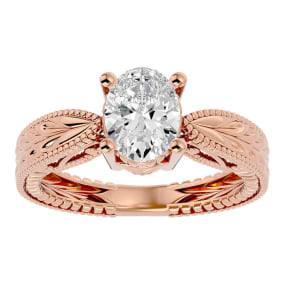 1 1/2 Carat Oval Shape Diamond Solitaire Engagement Ring with Tapered Etched Band In 14 Karat Rose Gold
