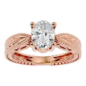 1 1/2 Carat Oval Shape Diamond Solitaire Engagement Ring with Tapered Etched Band In 14 Karat Rose Gold
