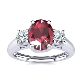 Estate Jewelry 1.15 Carat Oval Shape Ruby and Two Diamond Ring In 925 Sterling Silver, Size 8