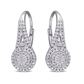 Nearly 1/2 Carat Natural Diamond Double Halo Leverback Hoop Earrings, 3/4 Inch