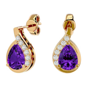 1 1/3 Carat Amethyst and Diamond Pear Shape Stud Earrings In 14 Karat Yellow Gold 