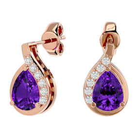 1 1/3 Carat Amethyst and Diamond Pear Shape Stud Earrings In 14 Karat Rose Gold 