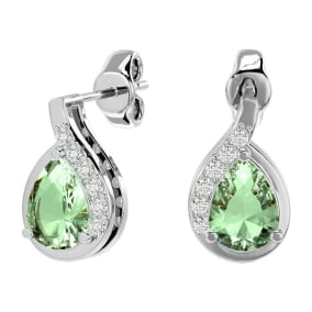 1 1/3 Carat Green Amethyst and Diamond Pear Shape Stud Earrings In 14 Karat White Gold 