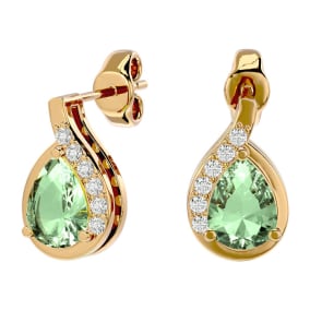 1 1/3 Carat Green Amethyst and Diamond Pear Shape Stud Earrings In 14 Karat Yellow Gold 