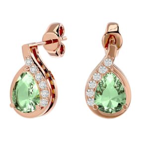 1 1/3 Carat Green Amethyst and Diamond Pear Shape Stud Earrings In 14 Karat Rose Gold 