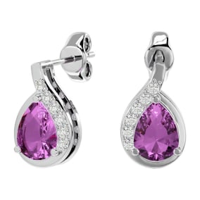 1 3/4 Carat Pink Topaz and Diamond Pear Shape Stud Earrings In 14 Karat White Gold 