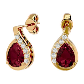 Garnet Earrings: Garnet Jewelry: 2 Carat Garnet and Diamond Pear Shape Stud Earrings In 14 Karat Yellow Gold 