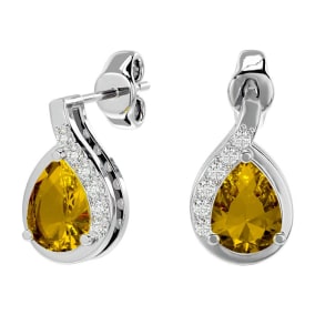 1 1/3 Carat Citrine and Diamond Pear Shape Stud Earrings In 14 Karat White Gold 