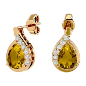 1 1/3 Carat Citrine and Diamond Pear Shape Stud Earrings In 14 Karat Yellow Gold 