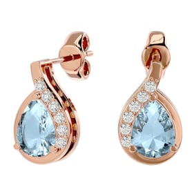 Aquamarine Earrings: Aquamarine Jewelry: 1.40 Carat Aquamarine and Diamond Pear Shape Stud Earrings In 14 Karat Rose Gold 