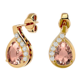 1-2/5 Carat Pear Shape Morganite Earrings and Diamond Drop In 14 Karat Yellow Gold 