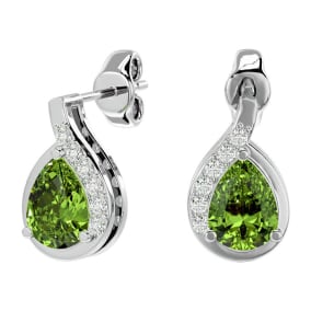 1 3/4 Carat Peridot and Diamond Pear Shape Stud Earrings In 14 Karat White Gold 
