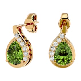 1 3/4 Carat Peridot and Diamond Pear Shape Stud Earrings In 14 Karat Yellow Gold 