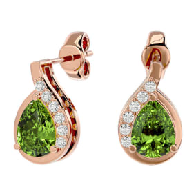 1 3/4 Carat Peridot and Diamond Pear Shape Stud Earrings In 14 Karat Rose Gold 