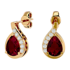 1 3/4 Carat Ruby and Diamond Pear Shape Stud Earrings In 14 Karat Yellow Gold 