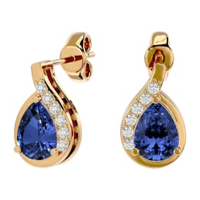1.60 Carat Tanzanite and Diamond Pear Shape Stud Earrings In 14 Karat Yellow Gold 
