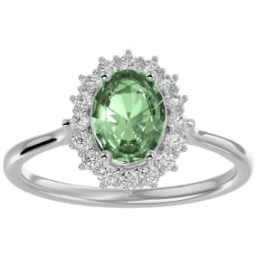 1 1/3 Carat Oval Shape Green Amethyst and Halo Diamond Ring In 14 Karat White Gold