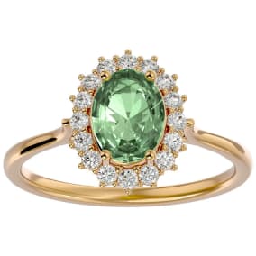 1 1/3 Carat Oval Shape Green Amethyst and Halo Diamond Ring In 14 Karat Yellow Gold