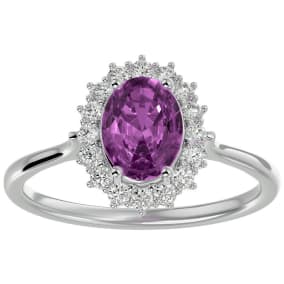 Pink Gemstones 1 3/4 Carat Oval Shape Pink Topaz and Halo Diamond Ring In 14 Karat White Gold