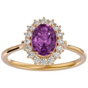 Pink Gemstones 1 3/4 Carat Oval Shape Pink Topaz and Halo Diamond Ring In 14 Karat Yellow Gold