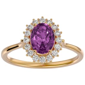 1 3/4 Carat Oval Shape Pink Topaz and Halo Diamond Ring In 14 Karat Yellow Gold