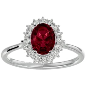 Garnet Ring: Garnet Jewelry: 1 3/4 Carat Oval Shape Garnet and Halo Diamond Ring In 14 Karat White Gold