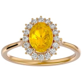 1 1/3 Carat Oval Shape Citrine and Halo Diamond Ring In 14 Karat Yellow Gold