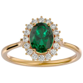 1.40 Carat Oval Shape Emerald and Halo Diamond Ring In 14 Karat Yellow Gold