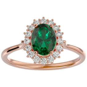 1.40 Carat Oval Shape Emerald and Halo Diamond Ring In 14 Karat Rose Gold