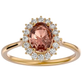 1-1/3 Carat Oval Shape Morganite and Halo Diamond Ring In 14 Karat Yellow Gold