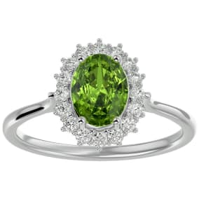 1.60 Carat Oval Shape Peridot and Halo Diamond Ring In 14 Karat White Gold