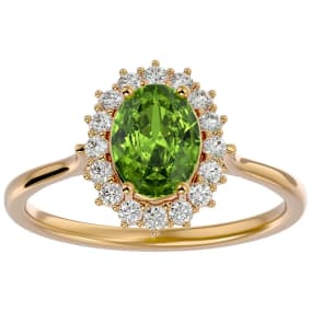 1.60 Carat Oval Shape Peridot and Halo Diamond Ring In 14 Karat Yellow Gold