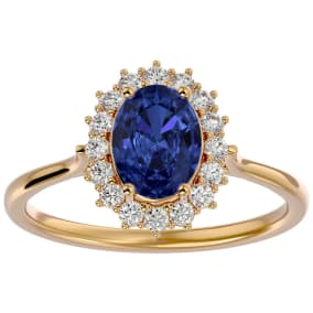 1 1/2 Carat Oval Shape Tanzanite and Halo Diamond Ring In 14 Karat Yellow Gold