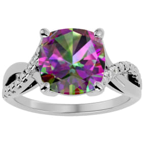 4 Carat Cushion Shape Mystic Topaz Ring With Diamonds Ring In Sterling Silver