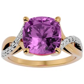 4 Carat Cushion Cut Pink Topaz and Diamond Ring in 10k Yellow Gold