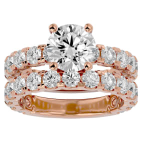 Moissanite Engagement Ring; 5 Carat Round Moissanite Bridal Set In 14 Karat Rose Gold