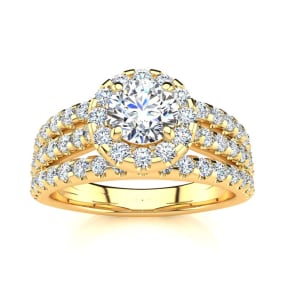 1 1/2 Carat Natural Round Halo Diamond Engagement Ring in 14 Karat Yellow Gold