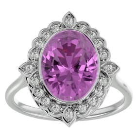 Pink Gemstones 1 3/4 Carat Oval Shape Pink Topaz and Halo Diamond Ring In 14 Karat White Gold
