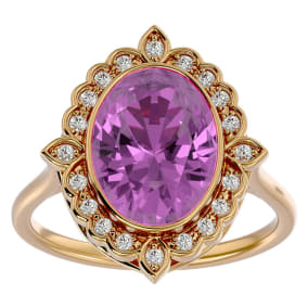 1 3/4 Carat Oval Shape Pink Topaz and Halo Diamond Ring In 14 Karat Yellow Gold