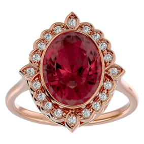 Garnet Ring: Garnet Jewelry: 1 3/4 Carat Oval Shape Garnet and Halo Diamond Ring In 14 Karat Rose Gold