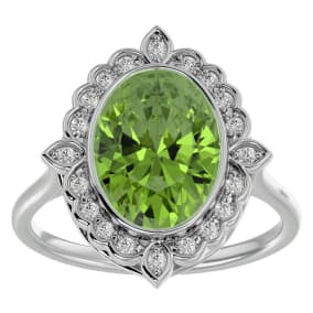 1 1/2 Carat Oval Shape Peridot and Halo Diamond Ring In 14 Karat White Gold
