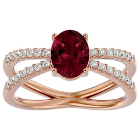 Garnet Ring: Garnet Jewelry: 1 3/4 Carat Oval Shape Garnet and Diamond Ring In 14 Karat Rose Gold