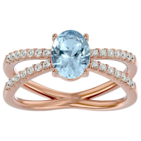 Aquamarine Ring: Aquamarine Jewelry: 1.40 Carat Oval Shape Aquamarine and Diamond Ring In 14 Karat Rose Gold
