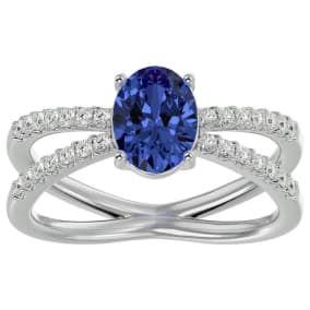 1 1/2 Carat Oval Shape Tanzanite and Diamond Ring In 14 Karat White Gold