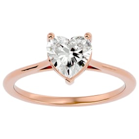 Moissanite Engagement Ring; 1 Carat Heart Shape Moissanite Solitaire Engagement Ring In 14 Karat Rose Gold