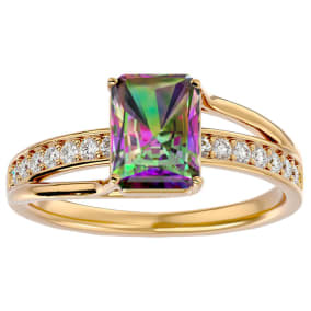 1-3/4 Carat Emerald Shape Mystic Topaz Ring and Diamonds In 14 Karat Yellow Gold