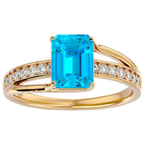2 Carat Emerald Shape Blue Topaz and Diamond Ring In 14 Karat Yellow Gold